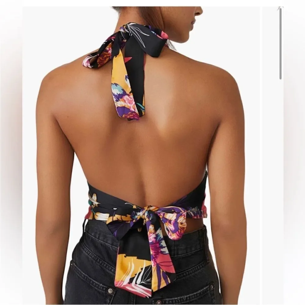 Free People NWT Seraphina Crop Top Halter in Black Combo Size Small